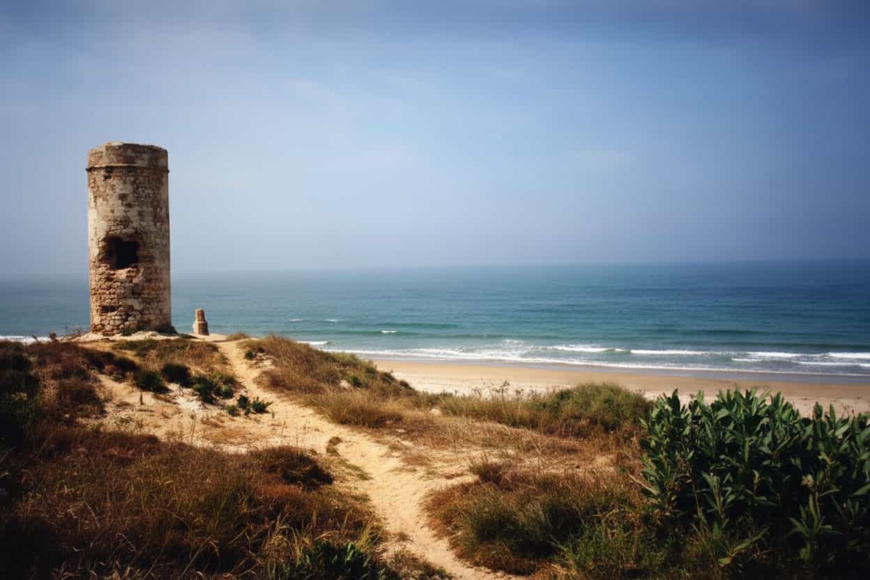 Strand van Chiclana met oude wachttoren