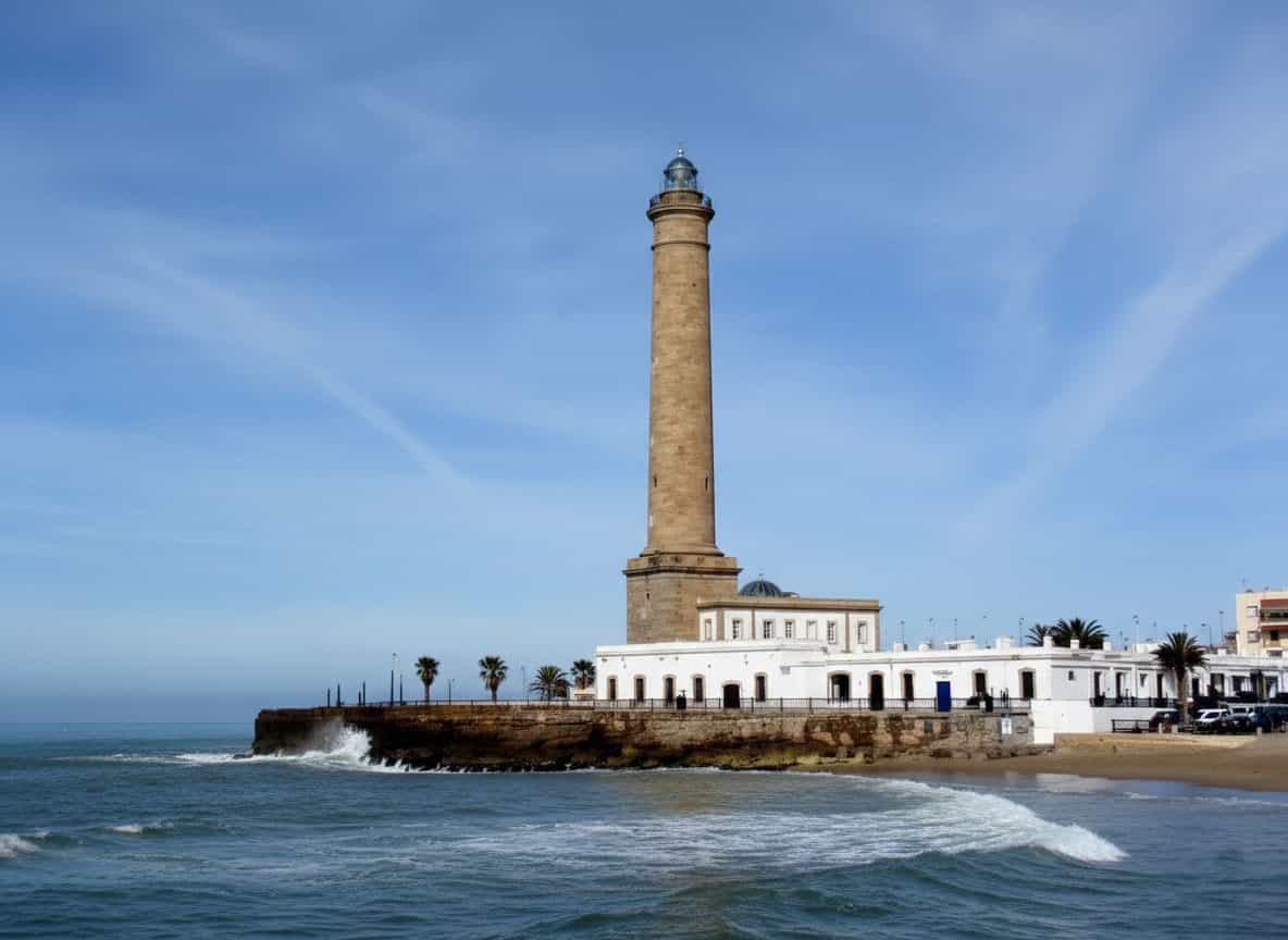 Uitzicht op de vuurtoren van Chipiona bij zonsondergang