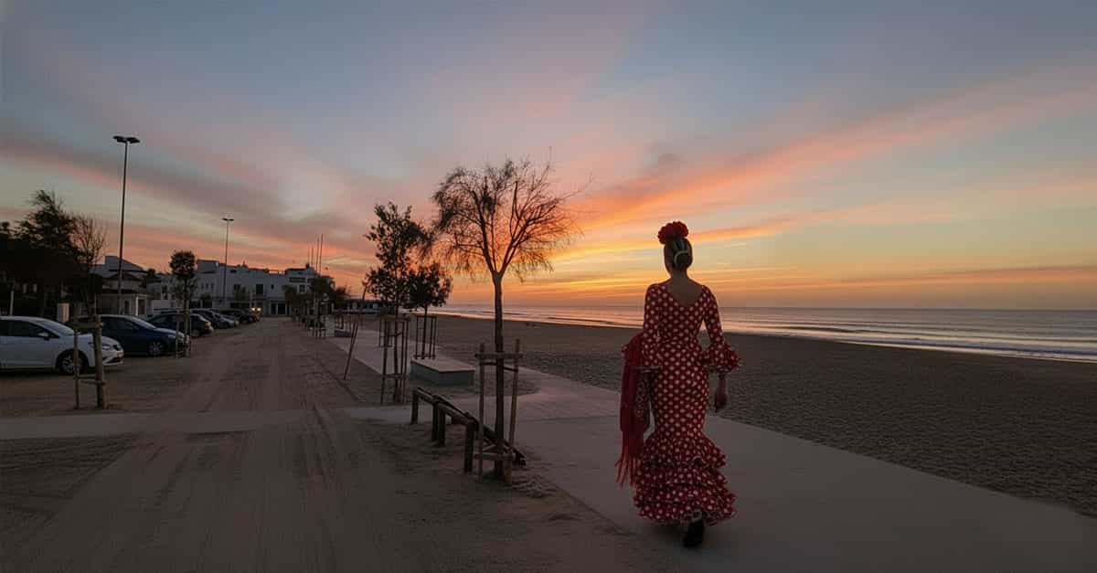 Woman in gypsy dress walking from the car park to La Fontanilla Beach in Conil