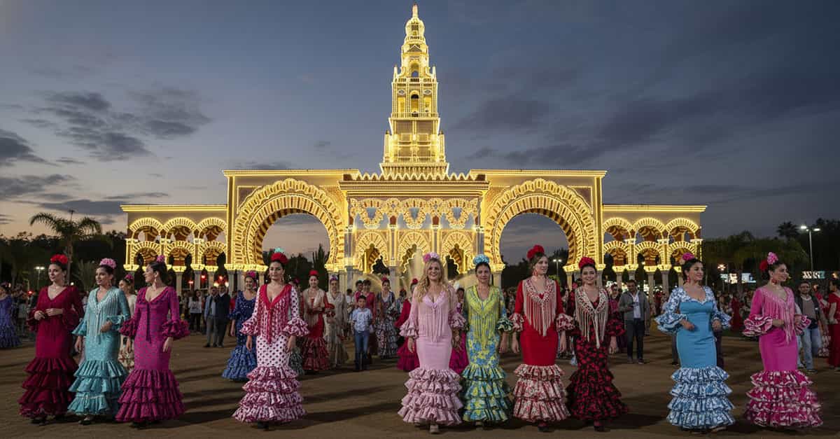 Beleuchtetes Eingangsportal des Volksfests Córdoba