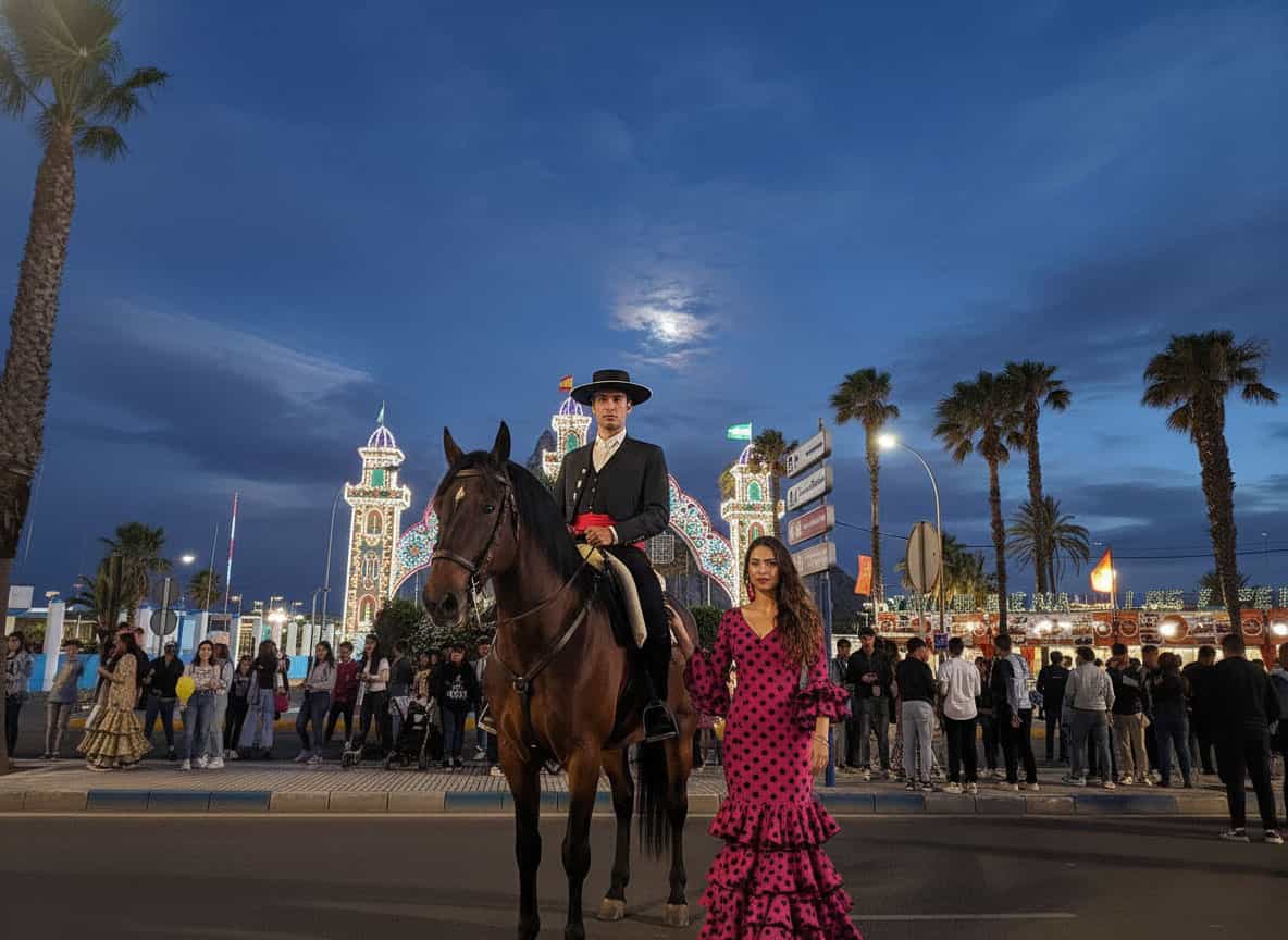 L’entree principale illuminee de la foire de La Linea le soir