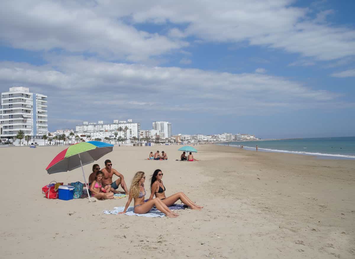 Playa urbana de arena dorada en Rota con aguas atlánticas